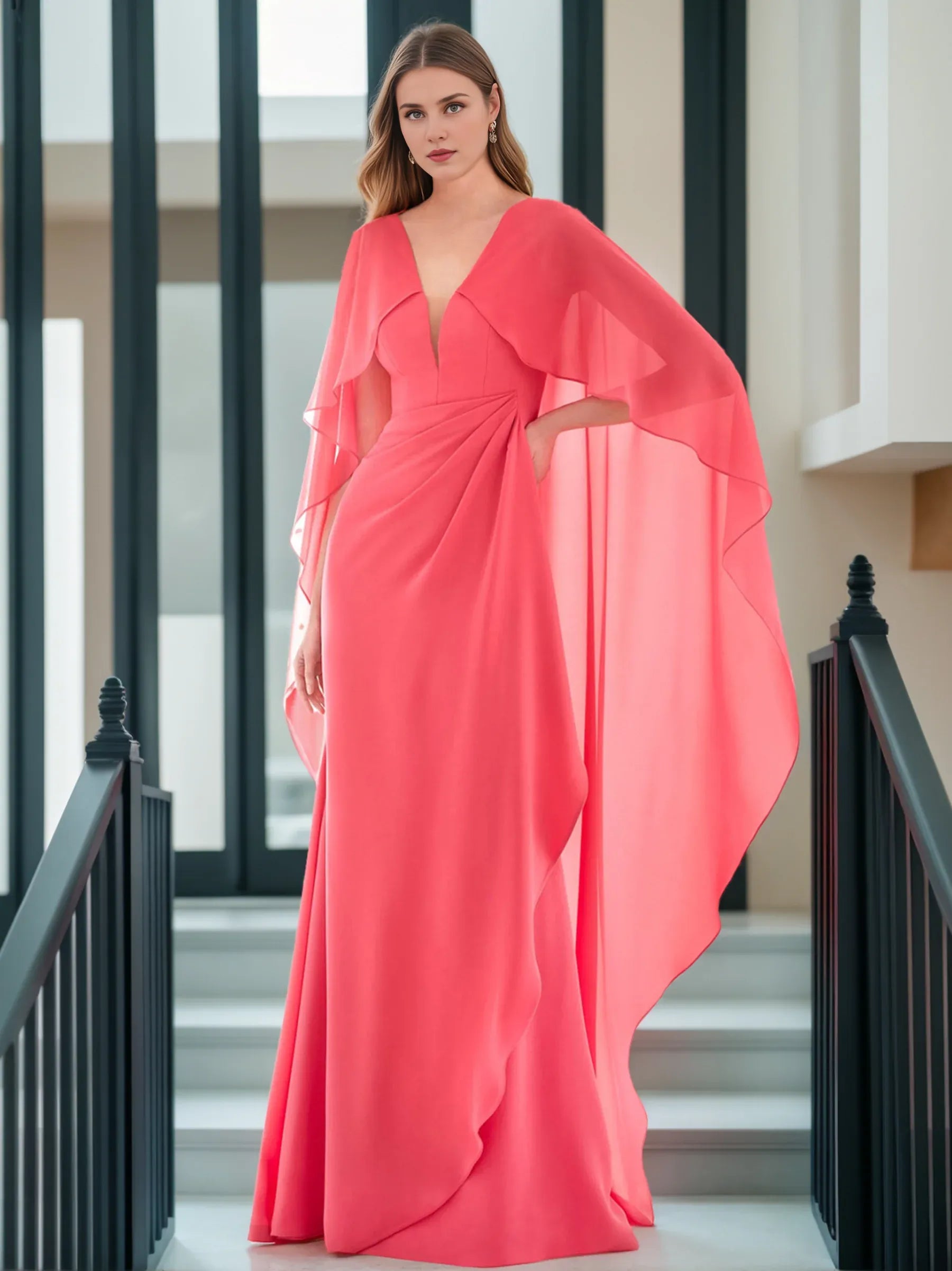 Prom Dresses Stores A-Line/Princess V-neck Long Sleeves Floor-length Evening Dresses with Cape shape Formal Women's Dresses