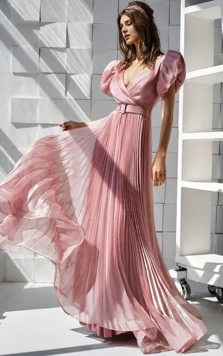 V-neck Short Puff-sleeve Sheath Dress with Belt and Pleated Prom Dress/Formal Wear Dresses