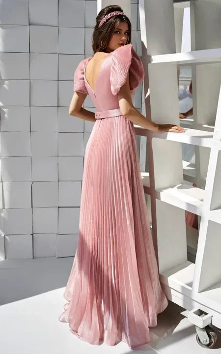 V-neck Short Puff-sleeve Sheath Dress with Belt and Pleated Prom Dress/Formal Wear Dresses