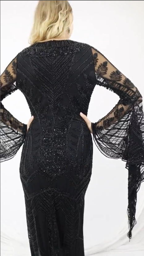 V-neck Large Sleeved Sequin Handmade Elegant Ball Dress Embroidered