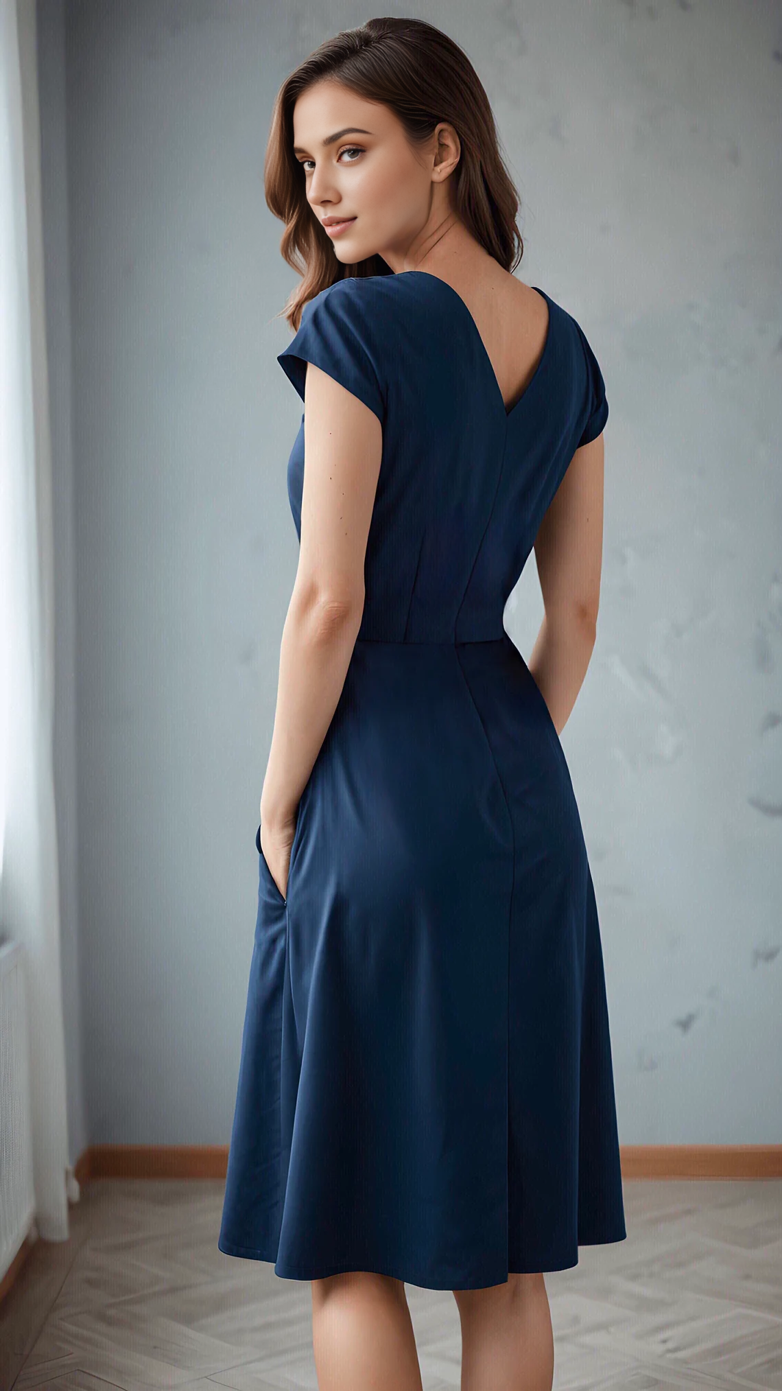 V Neck A-line Simple Tea-Length Short Sleeves Bridesmaid Prom Cocktail Dress With Pocket