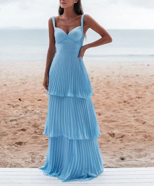 Robe de bal bleue charmante, décolleté en V, dos nu, multicouches, longueur au sol 