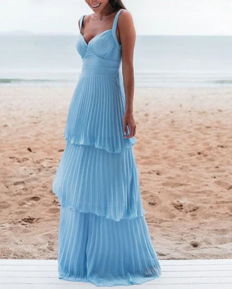 Robe de bal bleue charmante, décolleté en V, dos nu, multicouches, longueur au sol 