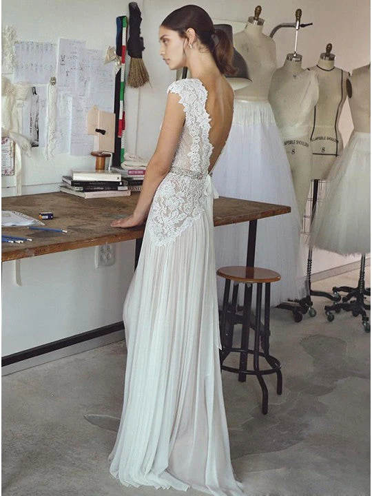 Robe de mariée bohème à col en V et dos nu en dentelle 