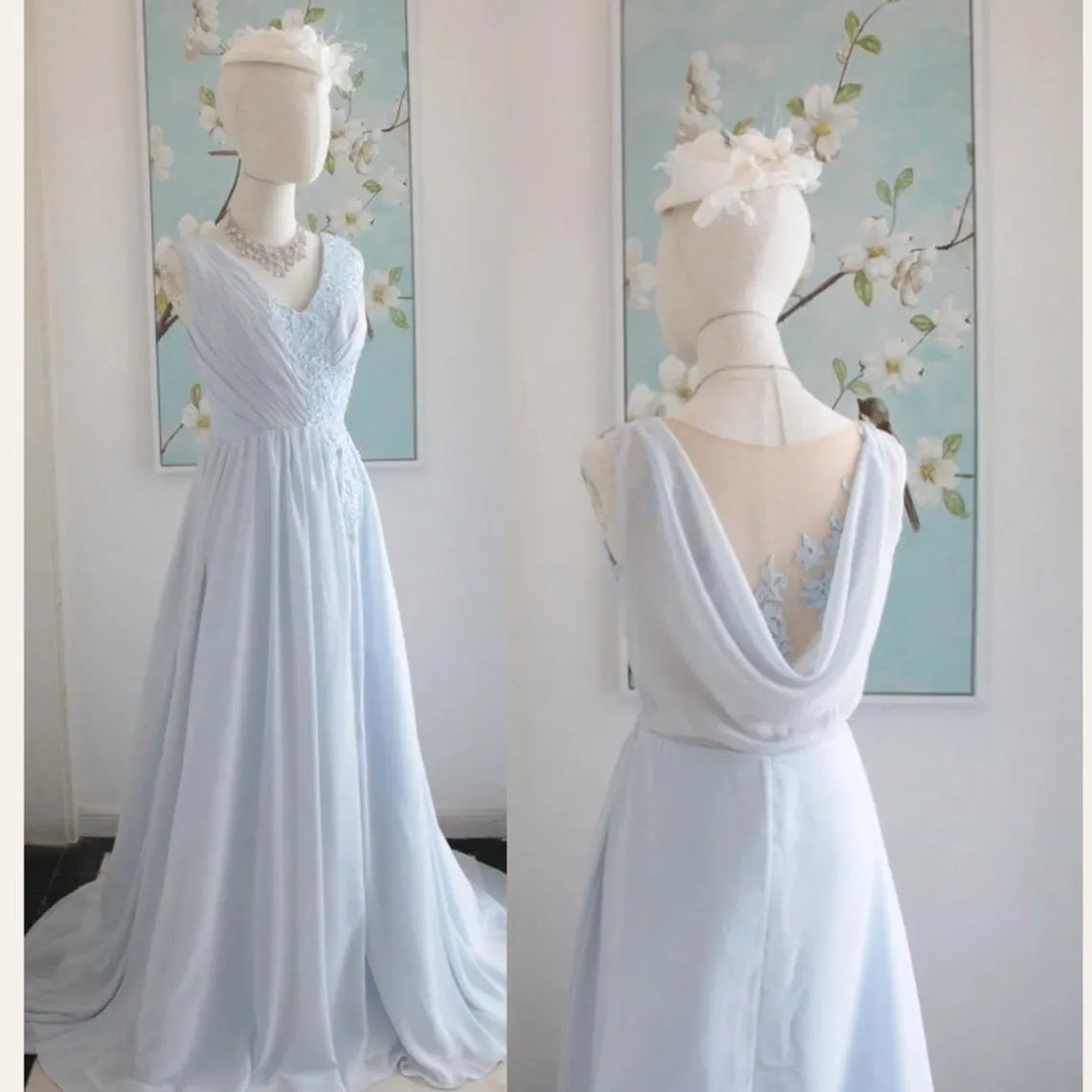 Robe de demoiselle d'honneur bleu poudré à col en V et dos bénitier avec appliques en dentelle, sans manches, élégante robe de soirée en mousseline de soie avec fente 