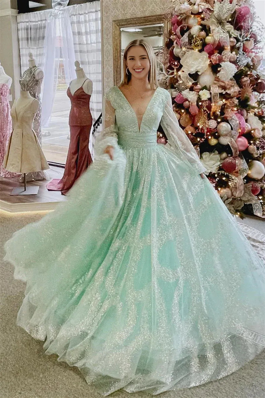 Vestidos formales Weitese para mujer, color salvia polvorienta, escote en V pronunciado, mangas ilusión, vestido de fiesta largo con cuentas, tiendas de vestidos de fiesta 