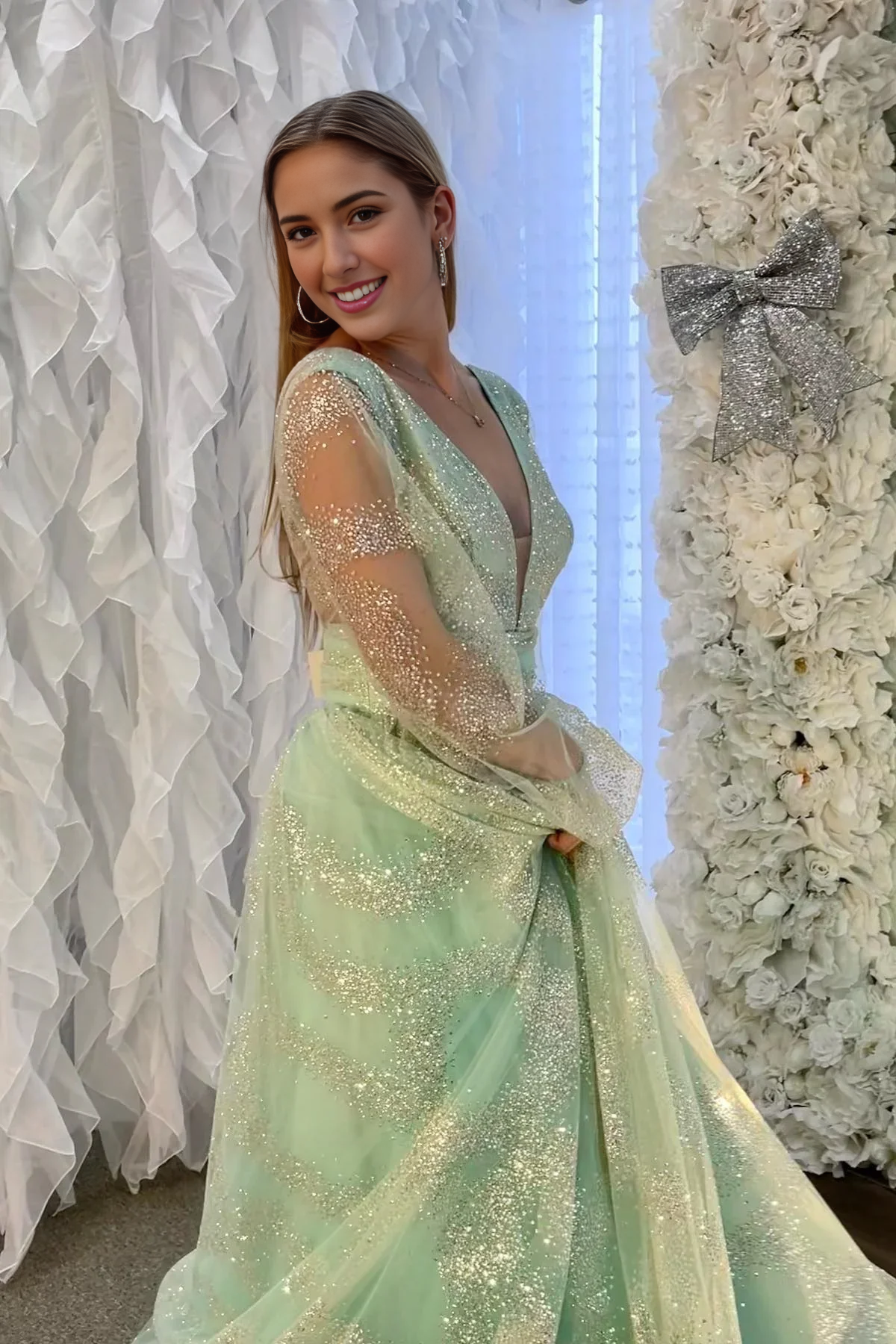 Weitese Formal Women's Dresses Dusty Sage Plunging V Neck Illusion Sleeves Beaded Long Prom Dress Prom Dress Stores