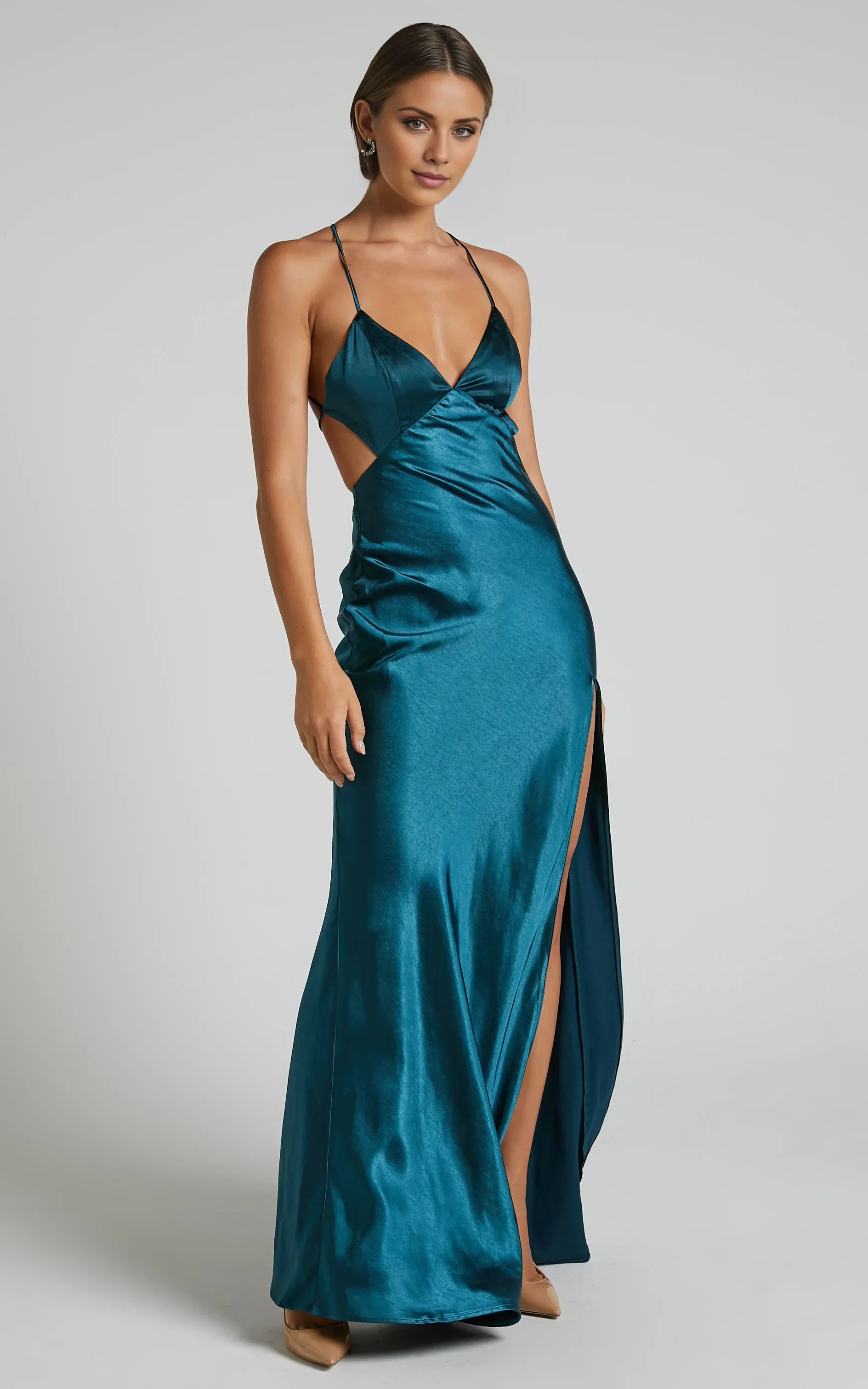 V Neck Open Back Bias Cut Floor-Length Dress Teal Sheath Solid Color Simple Satin Backless Evening Dress