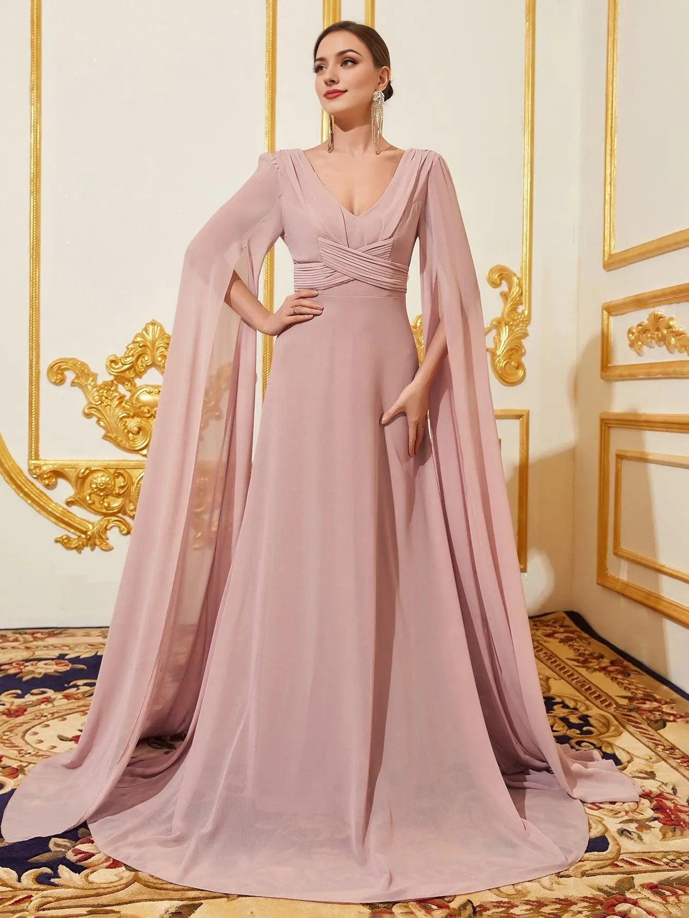 V Neck Solid Ruched Front Exaggerated Sleeves Chiffon Prom Evening Dress With Flutter Sleeve/ Evening Dresses For Women