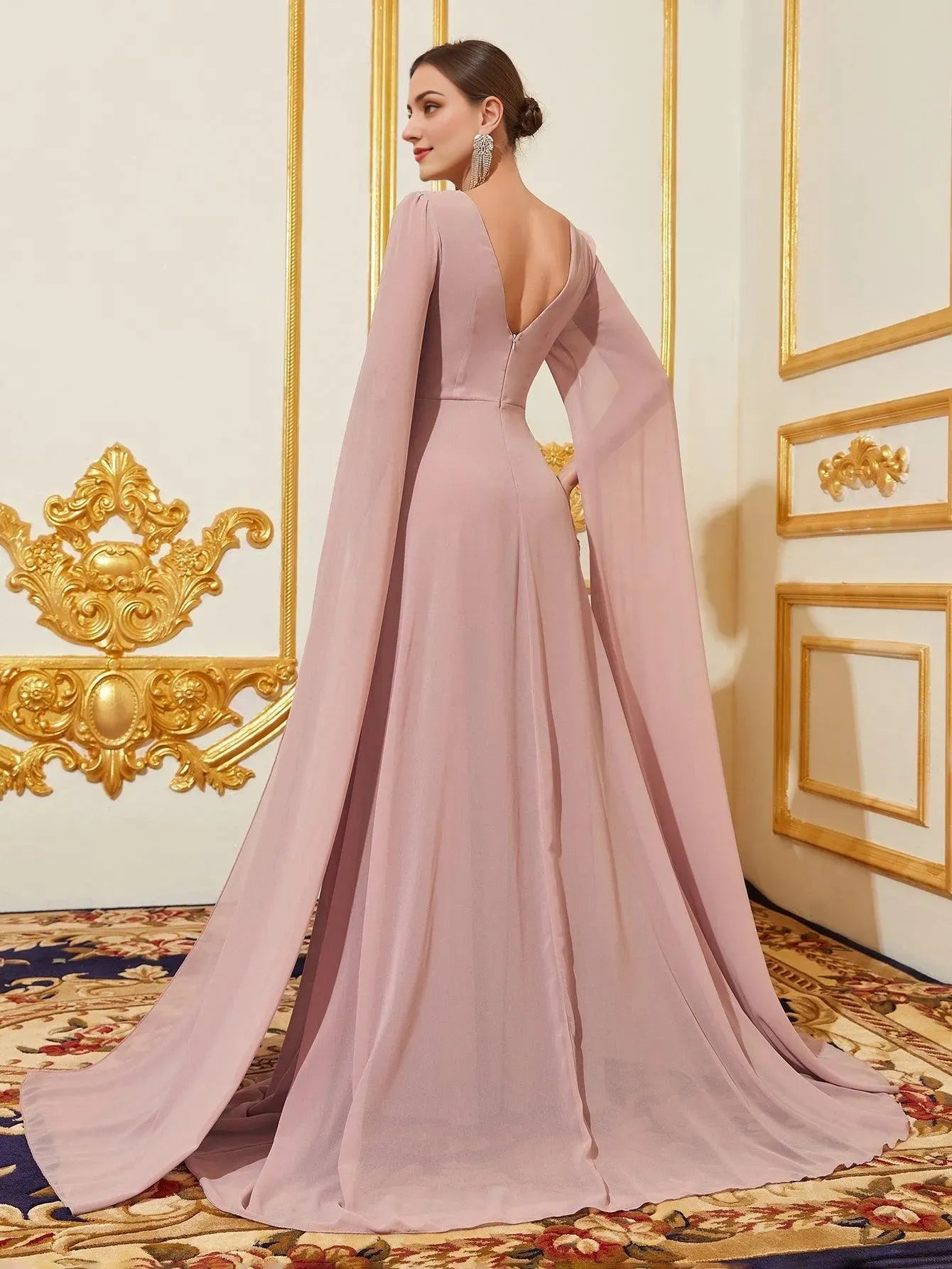 V Neck Solid Ruched Front Exaggerated Sleeves Chiffon Prom Evening Dress With Flutter Sleeve/ Evening Dresses For Women
