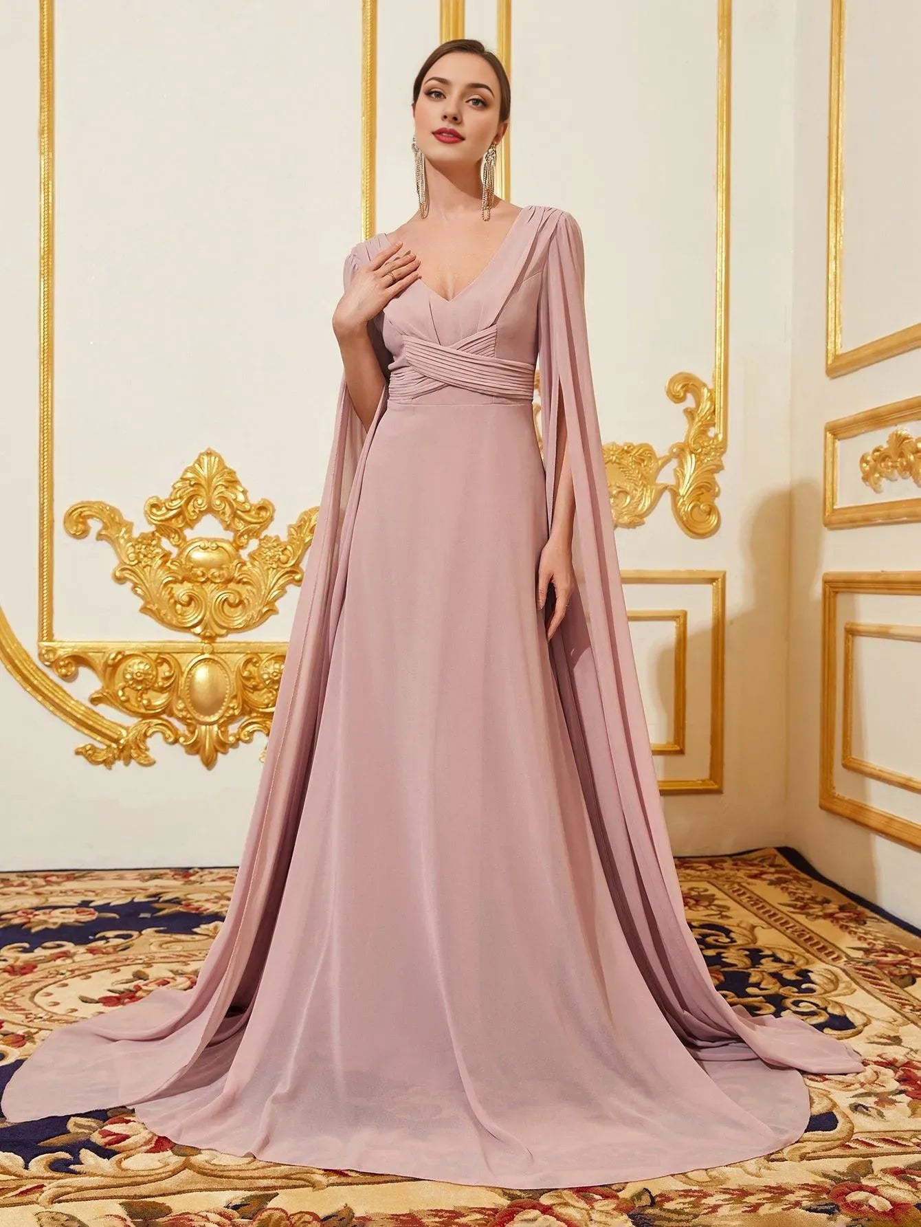 V Neck Solid Ruched Front Exaggerated Sleeves Chiffon Prom Evening Dress With Flutter Sleeve/ Evening Dresses For Women