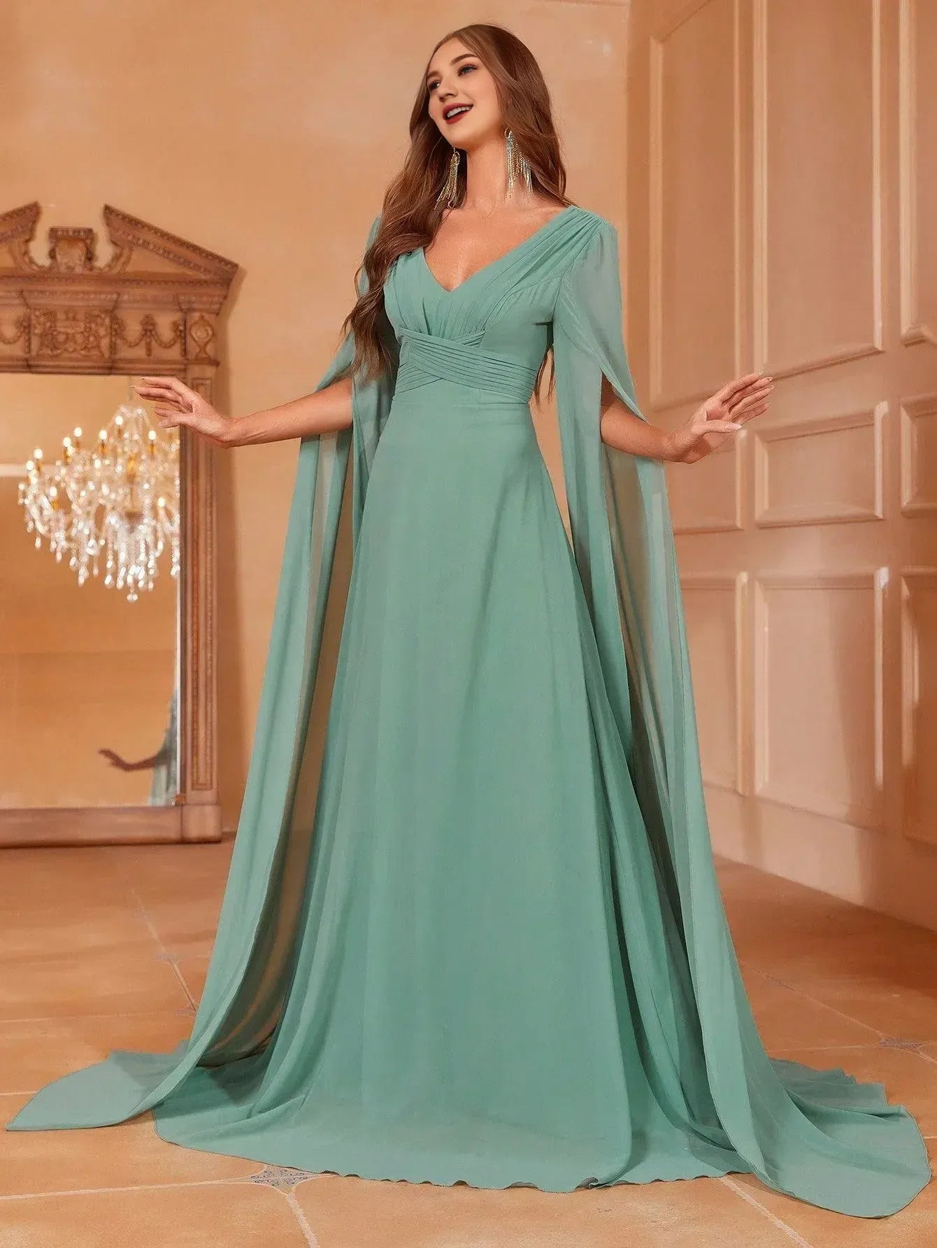 V Neck Solid Ruched Front Exaggerated Sleeves Chiffon Prom Evening Dress With Flutter Sleeve/ Evening Dresses For Women