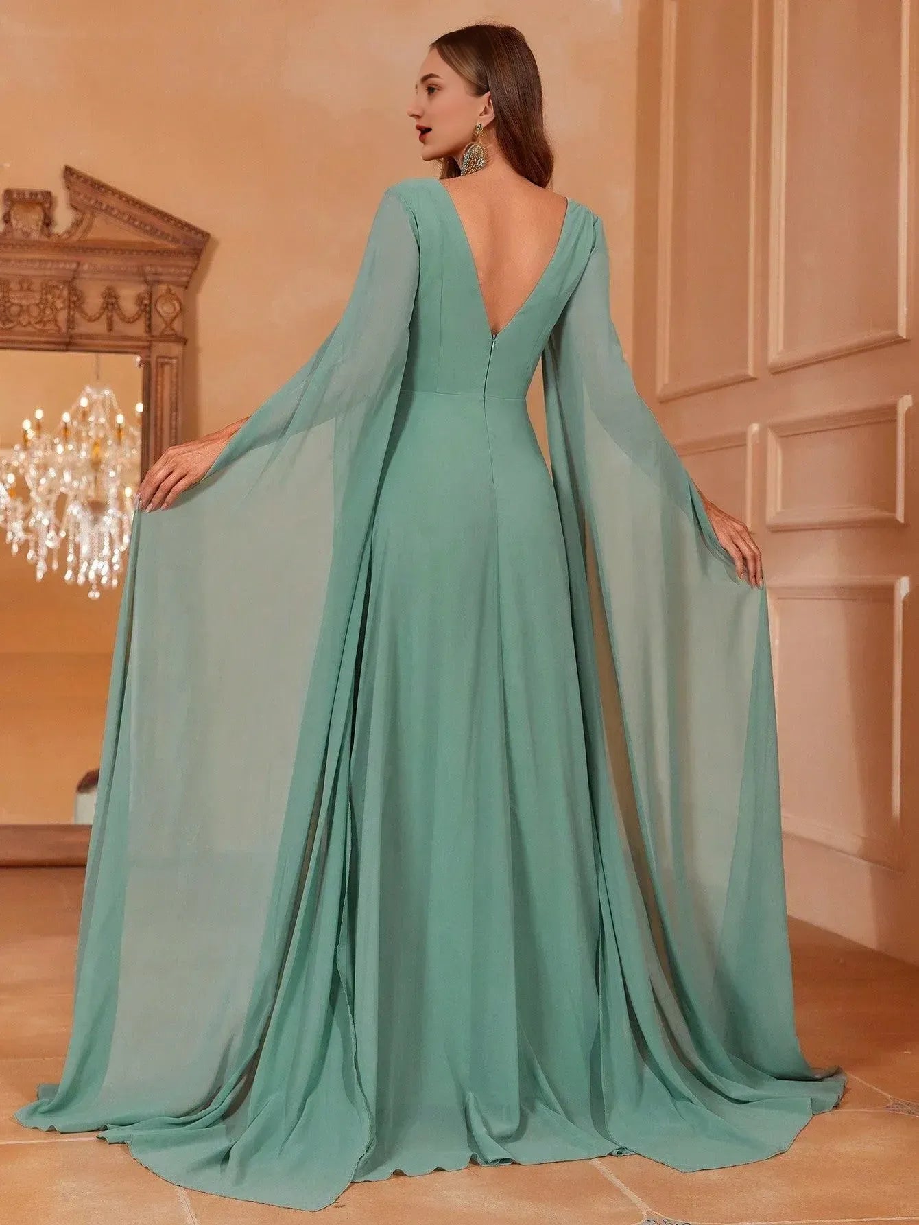 V Neck Solid Ruched Front Exaggerated Sleeves Chiffon Prom Evening Dress With Flutter Sleeve/ Evening Dresses For Women