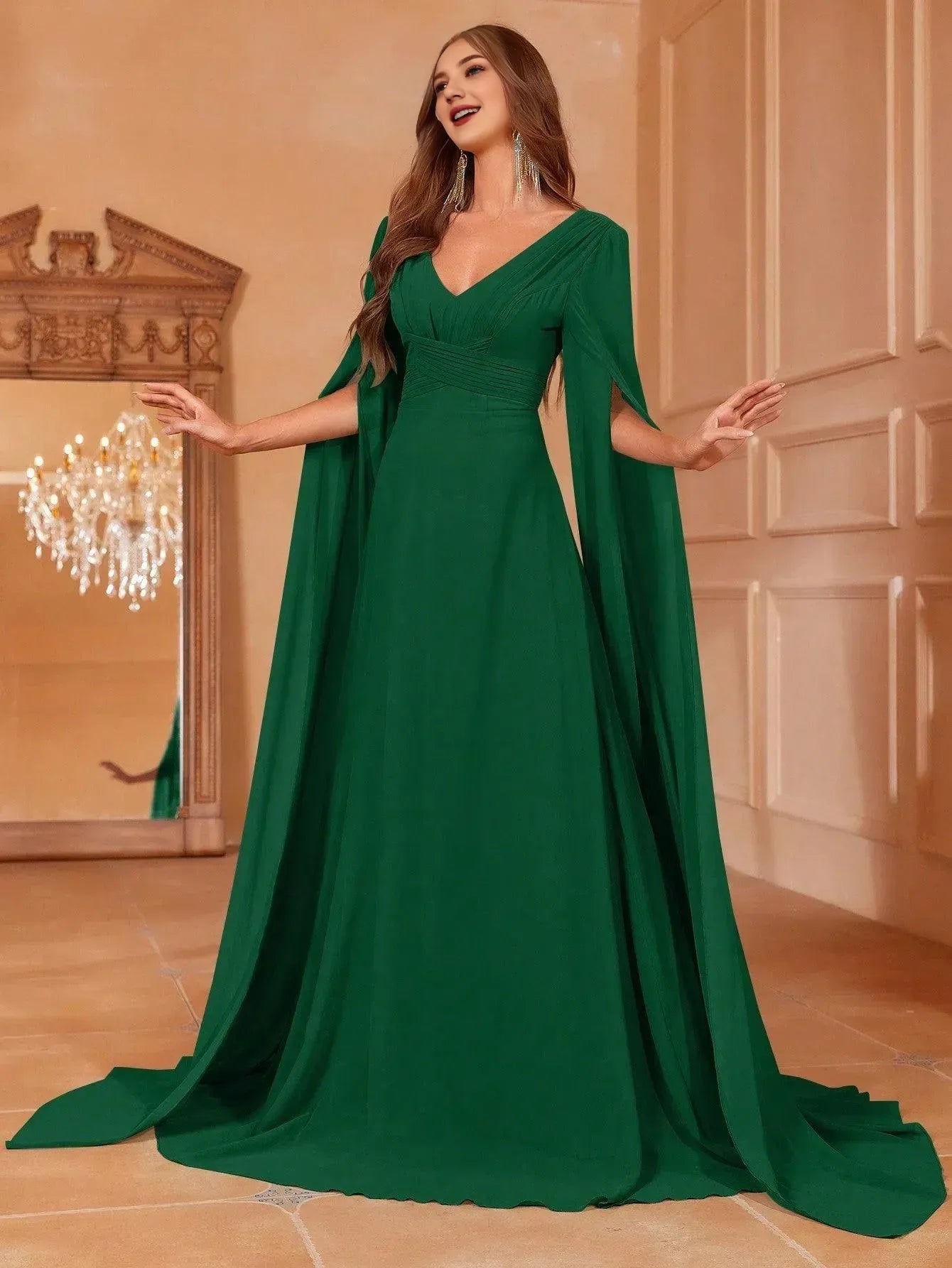 V Neck Solid Ruched Front Exaggerated Sleeves Chiffon Prom Evening Dress With Flutter Sleeve/ Evening Dresses For Women