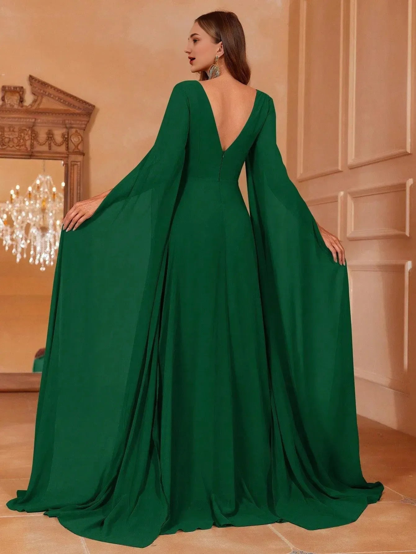 V Neck Solid Ruched Front Exaggerated Sleeves Chiffon Prom Evening Dress With Flutter Sleeve/ Evening Dresses For Women