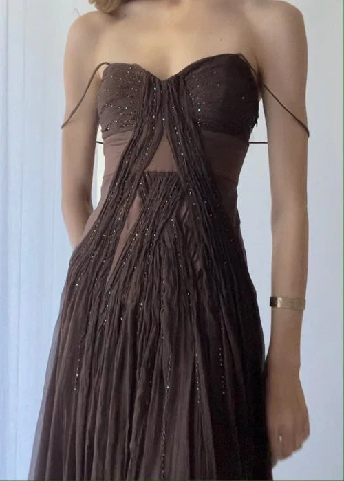 V Neck Tulle Spaghetti Straps Beaded Chiffon Long Prom Dress