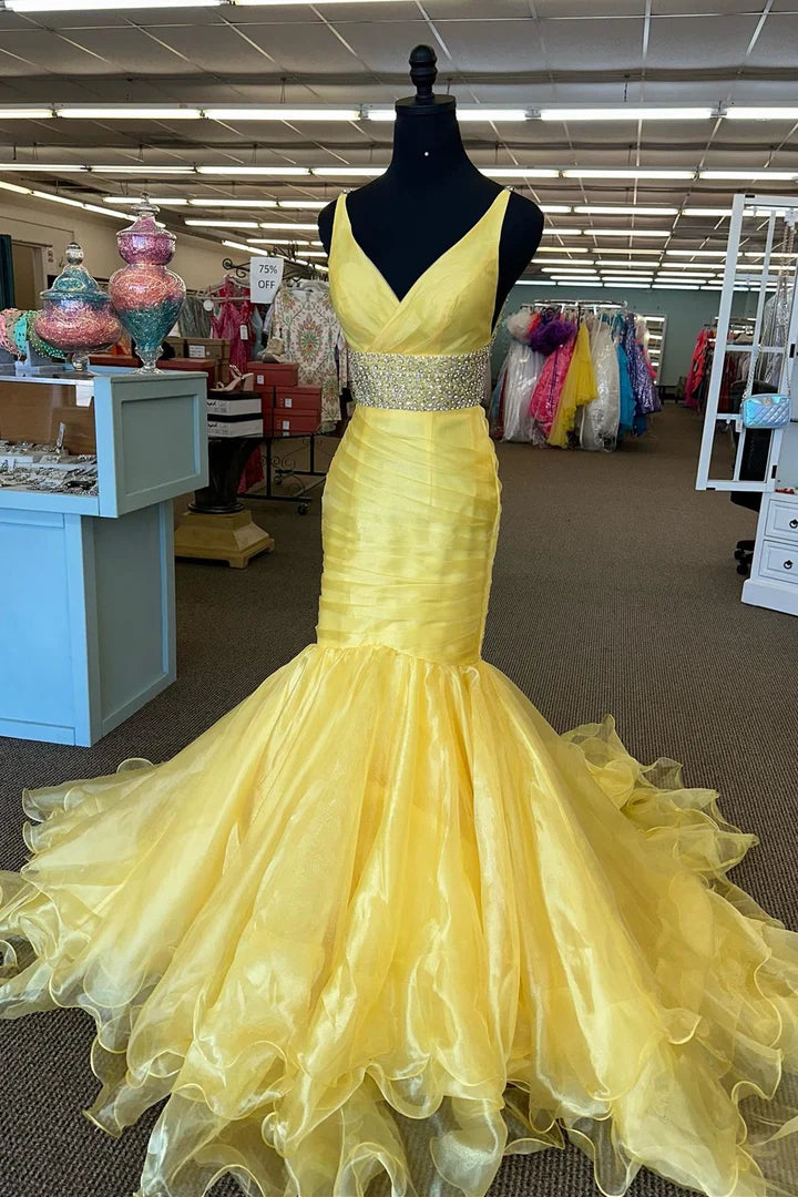 V Neck Yellow Backless Ruffle Beaded Trumpet Long Prom Dress