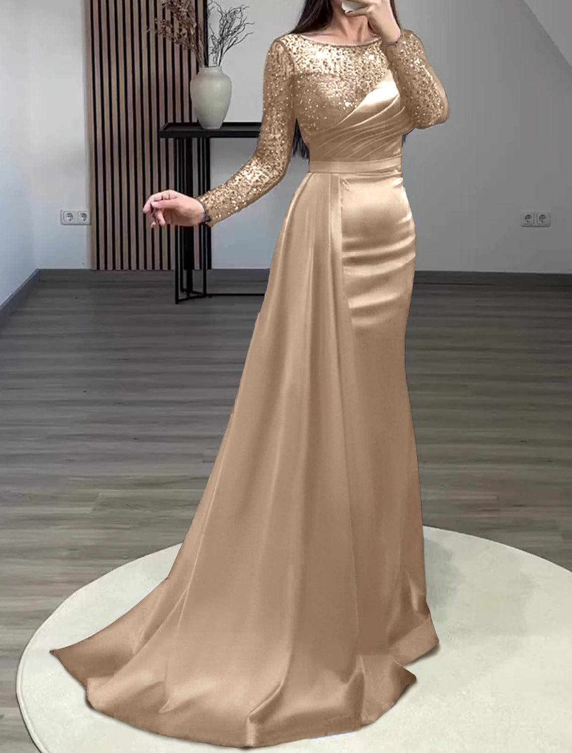 Weitese Mermaid Dress Evening Gown Red Green Dress Formal Wedding Guest Court Train Long Sleeve Jewel Neck Charmeuse with Ruched Pearls Sequin
