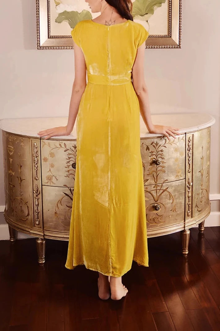 Vestido de fiesta elegante de sirena de terciopelo con escote en V y sin mangas hasta los tobillos 