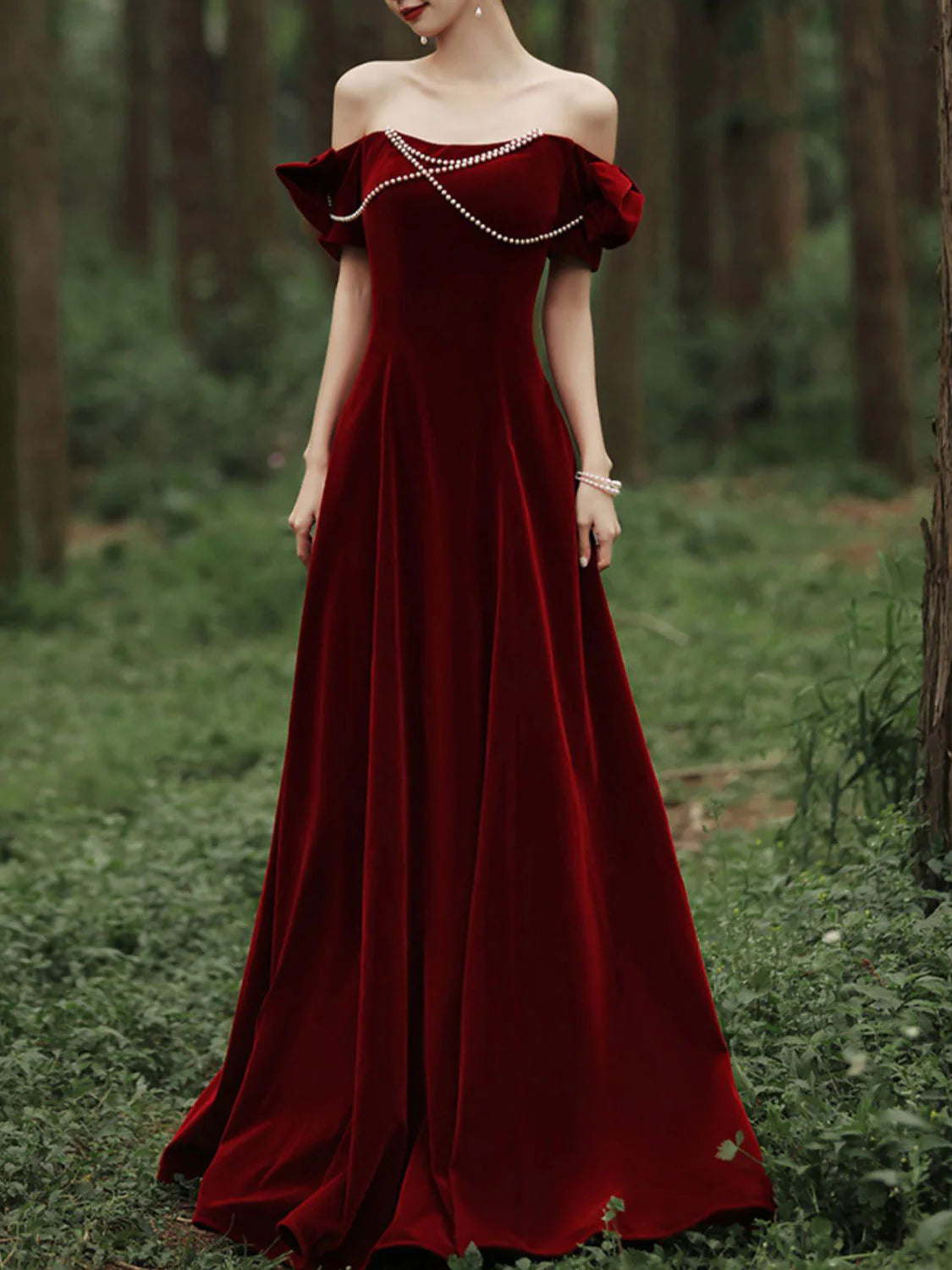 Velvet A Line Burgundy Off-the-Shoulder Floor Length Prom Dress