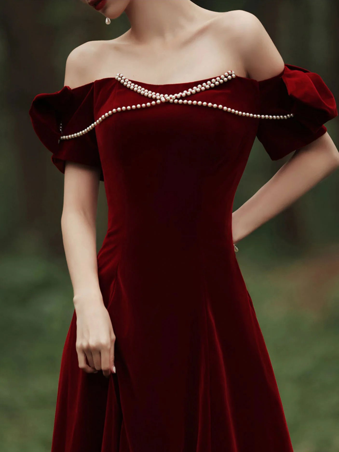 Velvet A Line Burgundy Off-the-Shoulder Floor Length Prom Dress