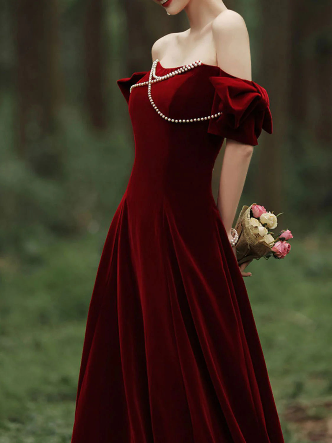Velvet A Line Burgundy Off-the-Shoulder Floor Length Prom Dress