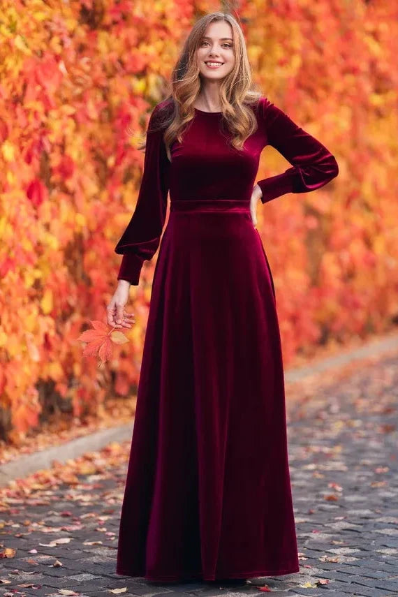 Velvet Dress Plum Burgundy Long Dress Bridesmaid Velvet Dress Wedding Guest Dress Velvet Slit Dress Maxi Dress Evening Dress Long Sleeve