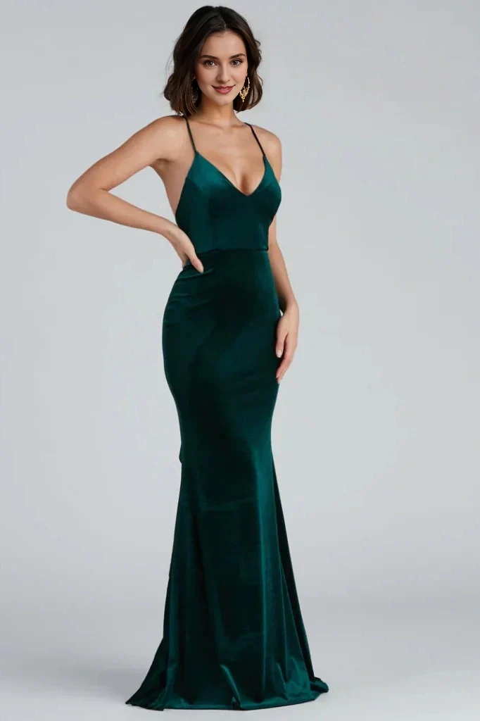 Vestido de noche de terciopelo con volantes, largo hasta el suelo, corte sirena, escote en V y tirantes finos