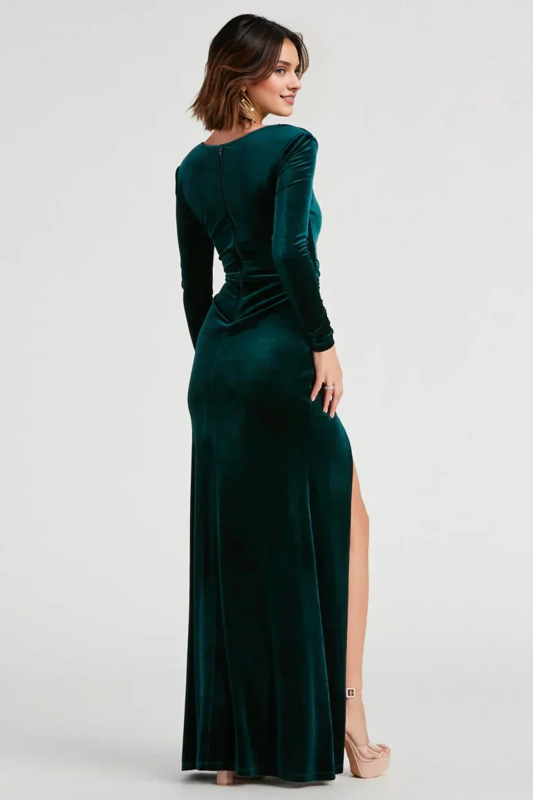 Vestido de noche de sirena con escote cuadrado, mangas largas y nudo de terciopelo, largo hasta el suelo, con abertura alta