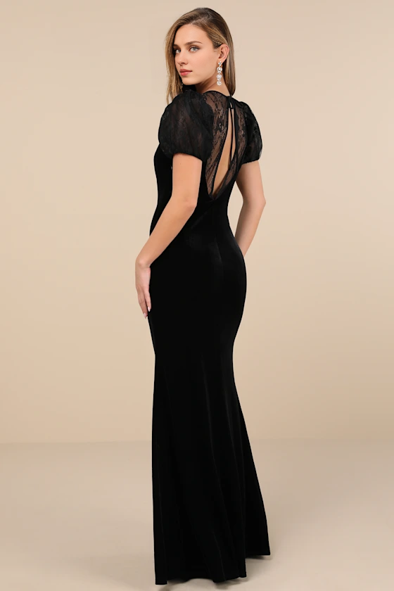 Vestidos formales Weitese para mujer, atractivos vestidos largos de terciopelo negro con encaje y mangas abullonadas, vestidos de fiesta. 