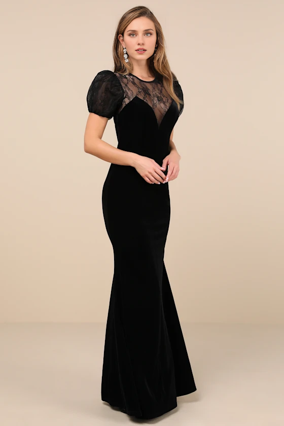 Vestidos formales Weitese para mujer, atractivos vestidos largos de terciopelo negro con encaje y mangas abullonadas, vestidos de fiesta. 