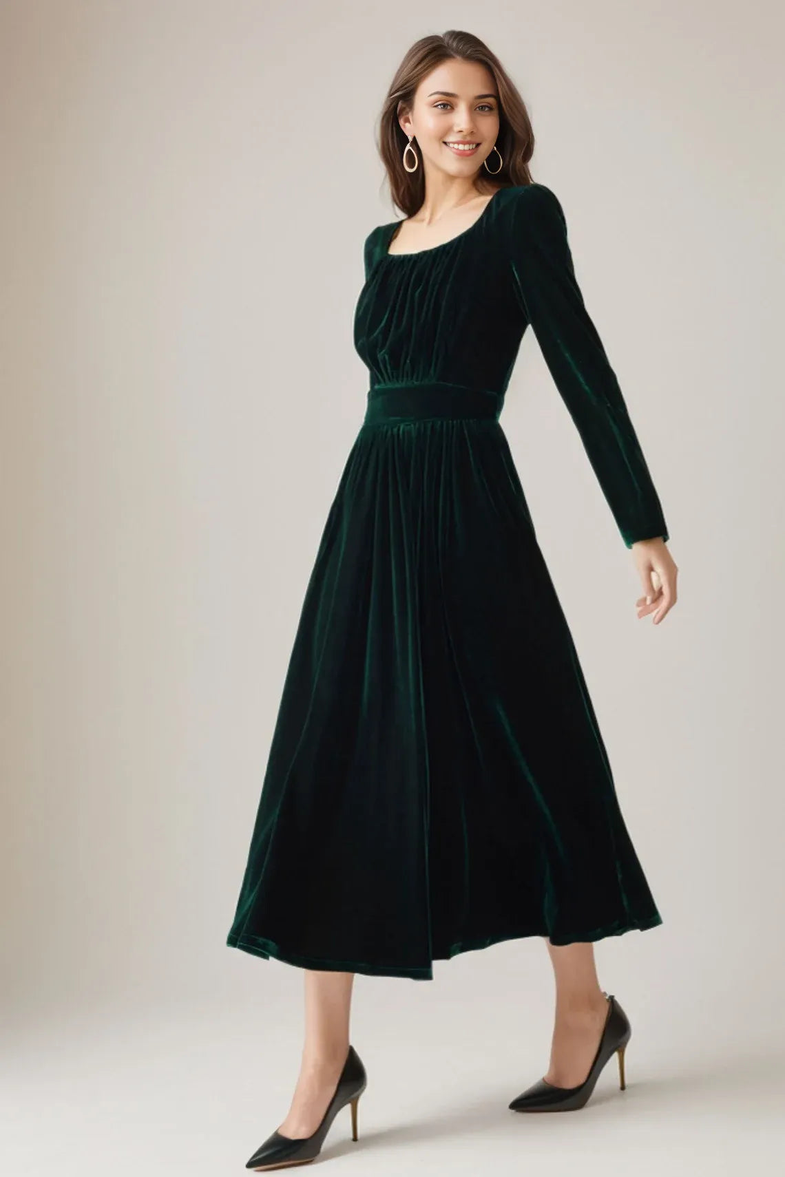 Velvet Long Sleeves Round Neck Mermaid Tea-Length Pleated Bridesmaid Prom Dress