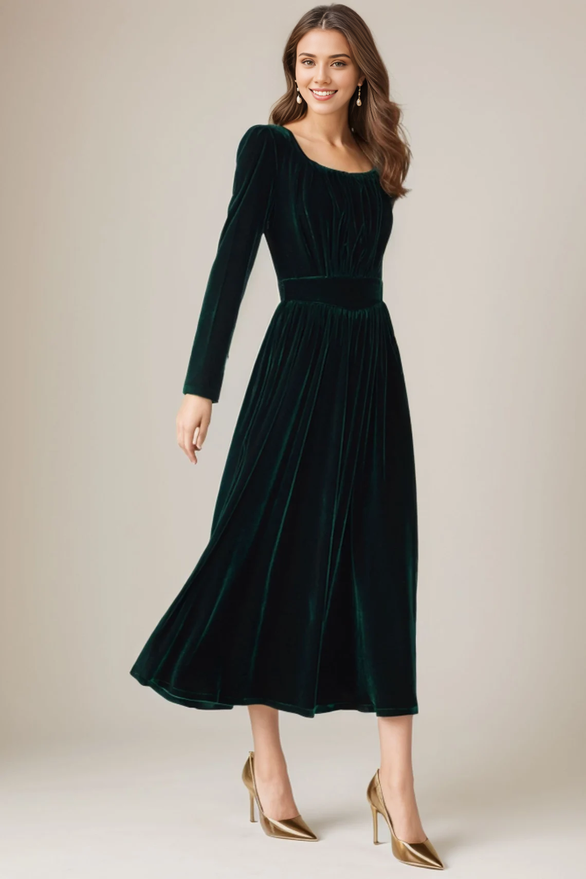 Velvet Long Sleeves Round Neck Mermaid Tea-Length Pleated Bridesmaid Prom Dress