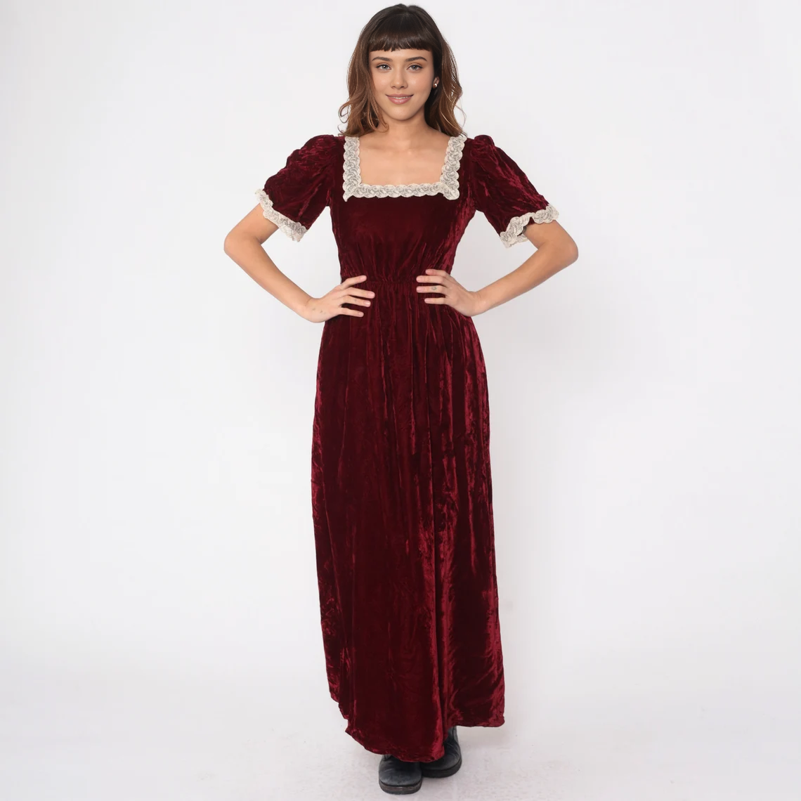 Velvet Maxi Dress Wine Red Party Gown Puff Sleeve Lace Trim Bohemian Prom Holiday Vintage