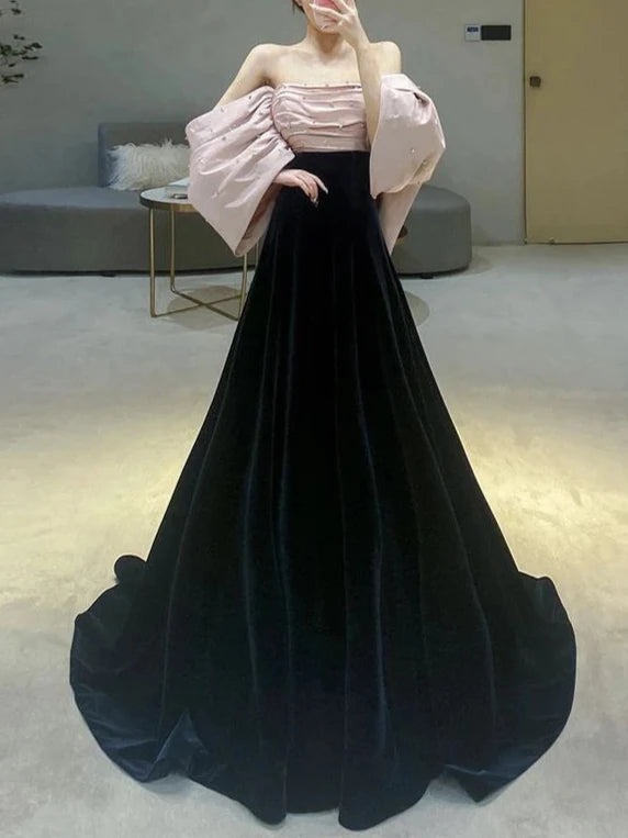 Vestido de noche de fiesta de terciopelo con hombros descubiertos, mangas abullonadas, sin tirantes, espalda descubierta y lazo 