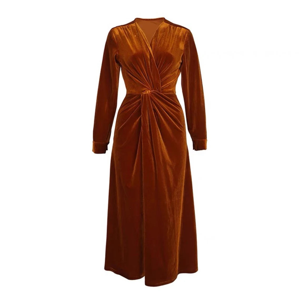 Velvet Winter V Neck Tea-Length Long Sleeves Pleated Bridesmaid Party Prom Evening Dress