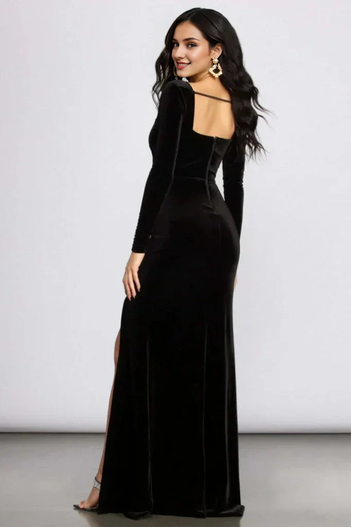 Vestido de noche de terciopelo con escote cuadrado, manga larga y corte sirena, largo hasta el suelo, con abertura alta 