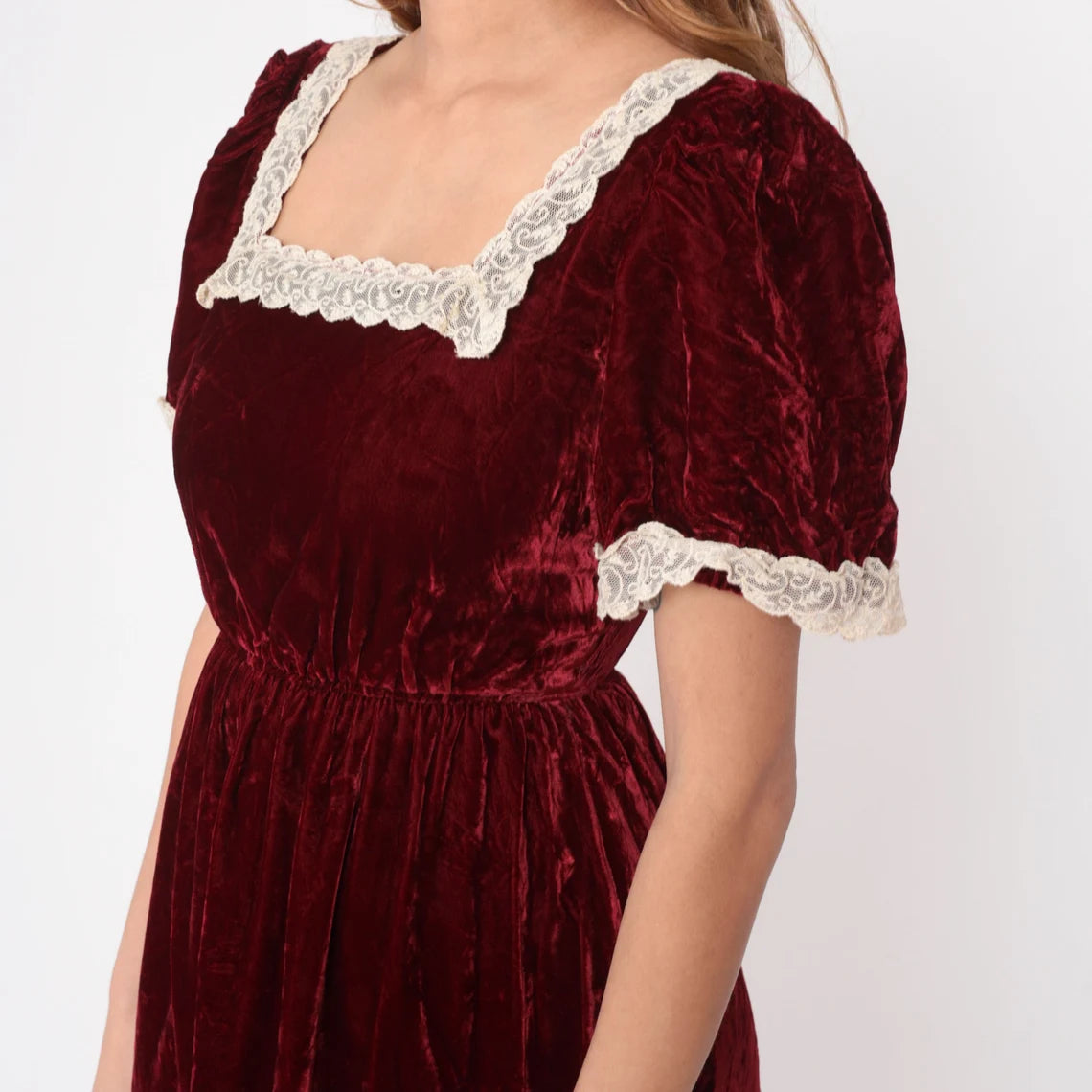 Velvet Maxi Dress Wine Red Party Gown Puff Sleeve Lace Trim Bohemian Prom Holiday Vintage