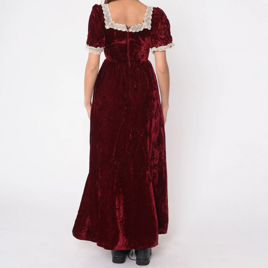 Velvet Maxi Dress Wine Red Party Gown Puff Sleeve Lace Trim Bohemian Prom Holiday Vintage