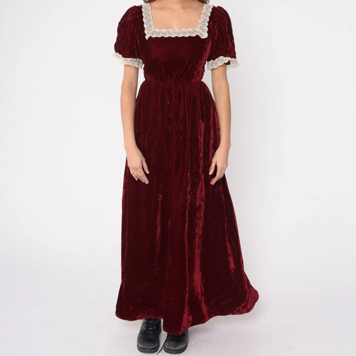 Velvet Maxi Dress Wine Red Party Gown Puff Sleeve Lace Trim Bohemian Prom Holiday Vintage