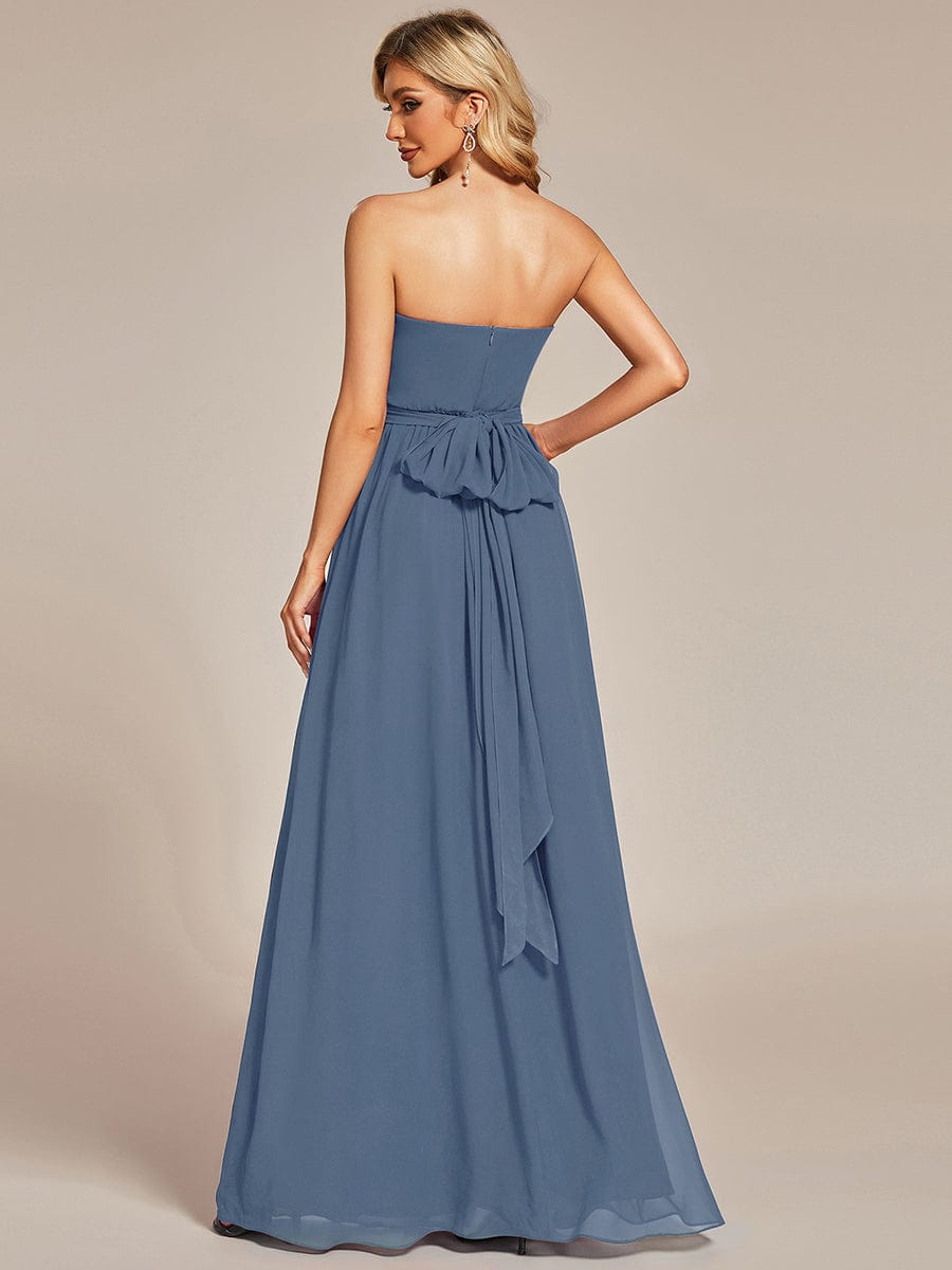 Dark blue convertible chiffon bridesmaid dress styled with an elegant one-shoulder neckline.