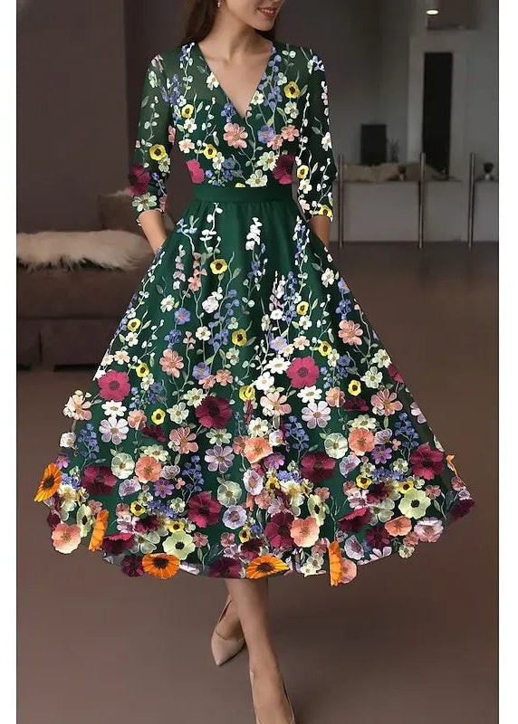 Vibrant A-Line Deep V Neck 3/4 Sleeve Midi Floral Dress