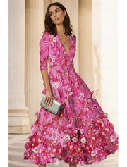 Vibrant Deep V Neck 3/4 Sleeve A-Line Midi Floral Dress – Weitese Dress