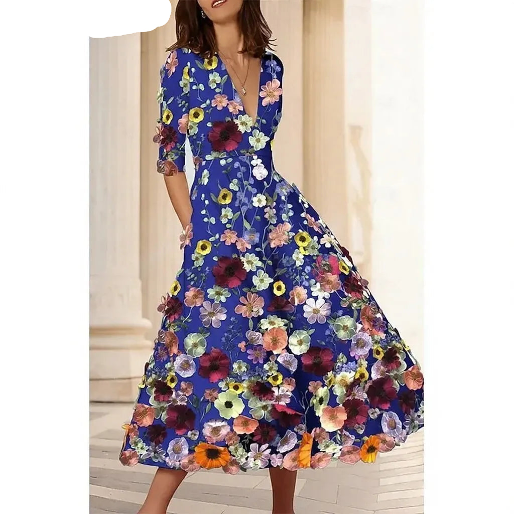 Vibrant A-Line Deep V Neck 3/4 Sleeve Midi Floral Dress