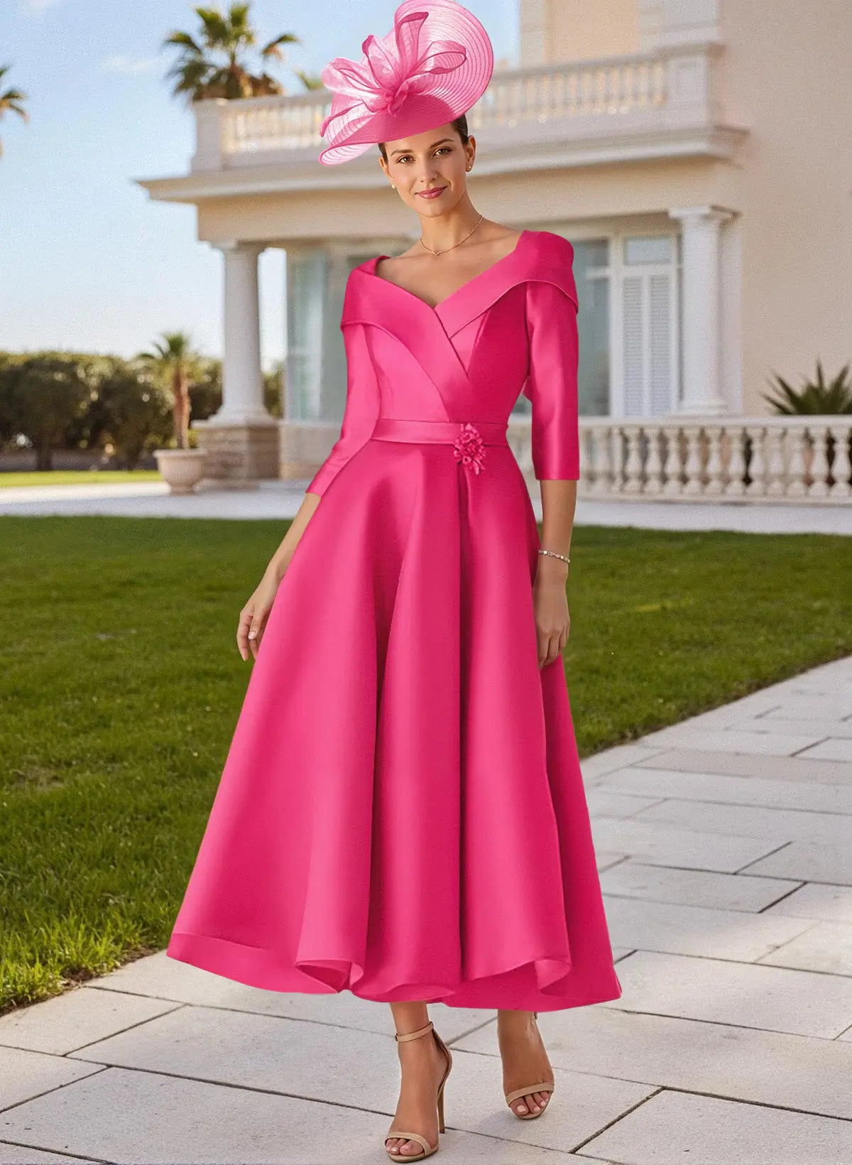 Vibrant A-Line Off-the-Shoulder Three-Quarter Sleeve Fuchsia Satin Mother of the Bride Dress with Bow Detail