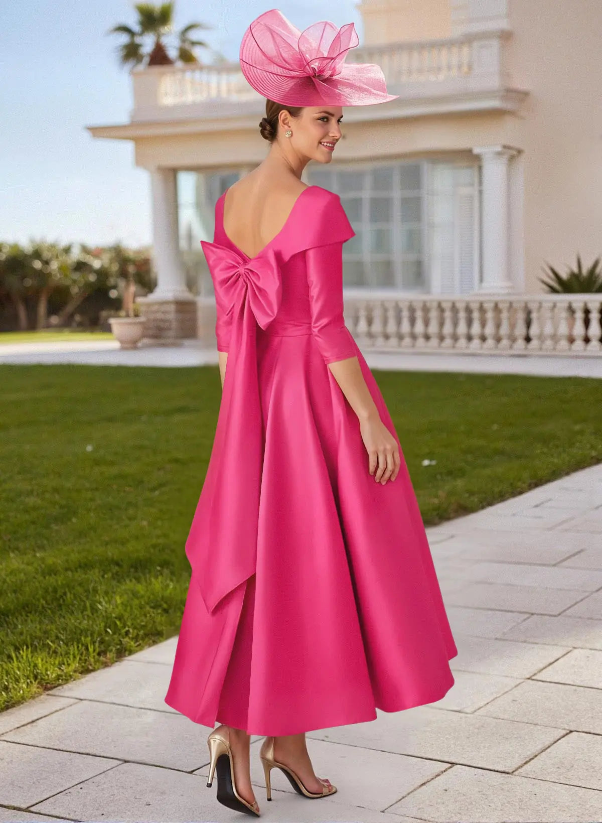 Vibrant A-Line Off-the-Shoulder Three-Quarter Sleeve Fuchsia Satin Mother of the Bride Dress with Bow Detail