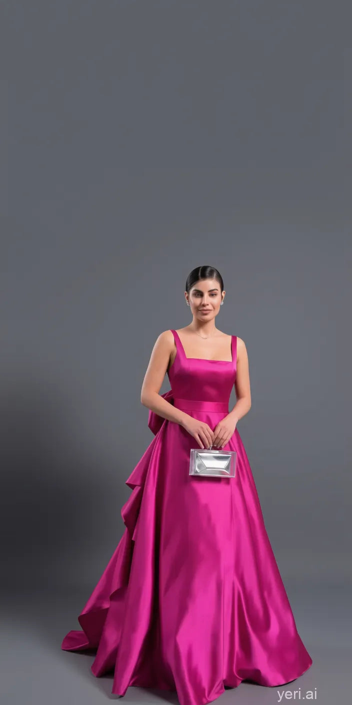 Vibrant A-Line Square Neck Satin Floor-Length Evening Gown with Oversized Bow