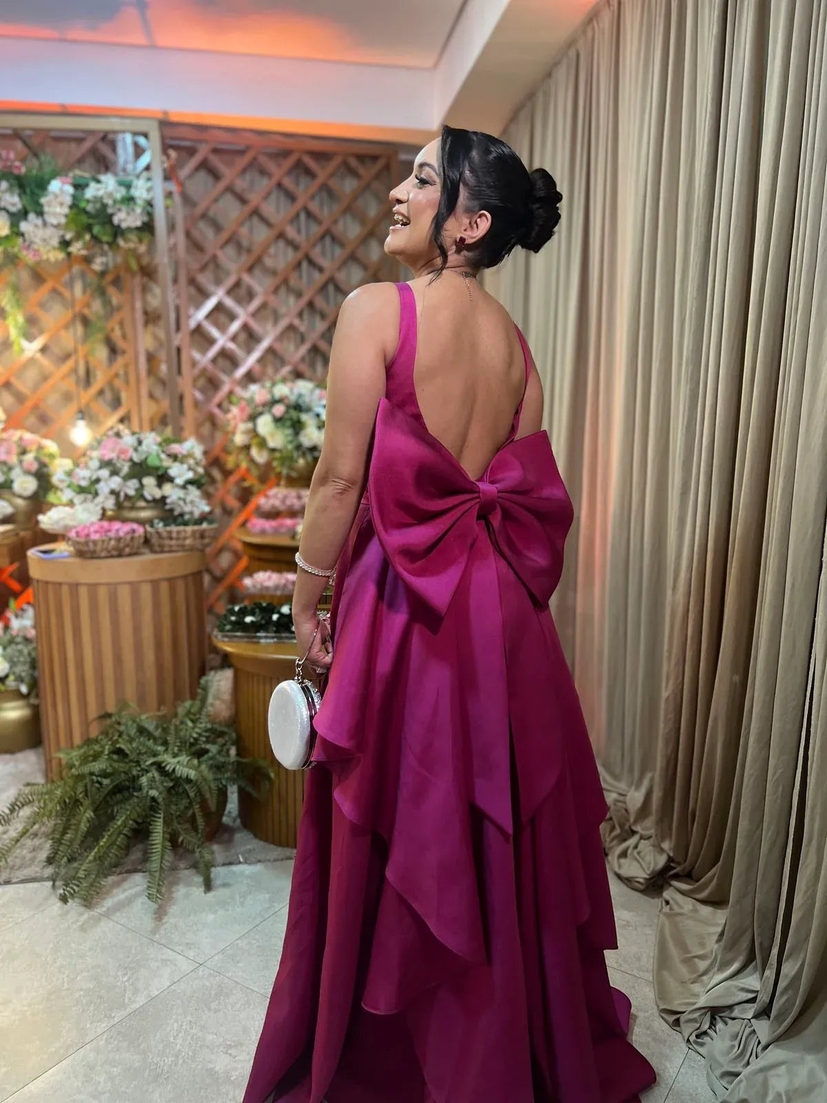 Vibrant A-Line Square Neck Satin Floor-Length Evening Gown with Oversized Bow