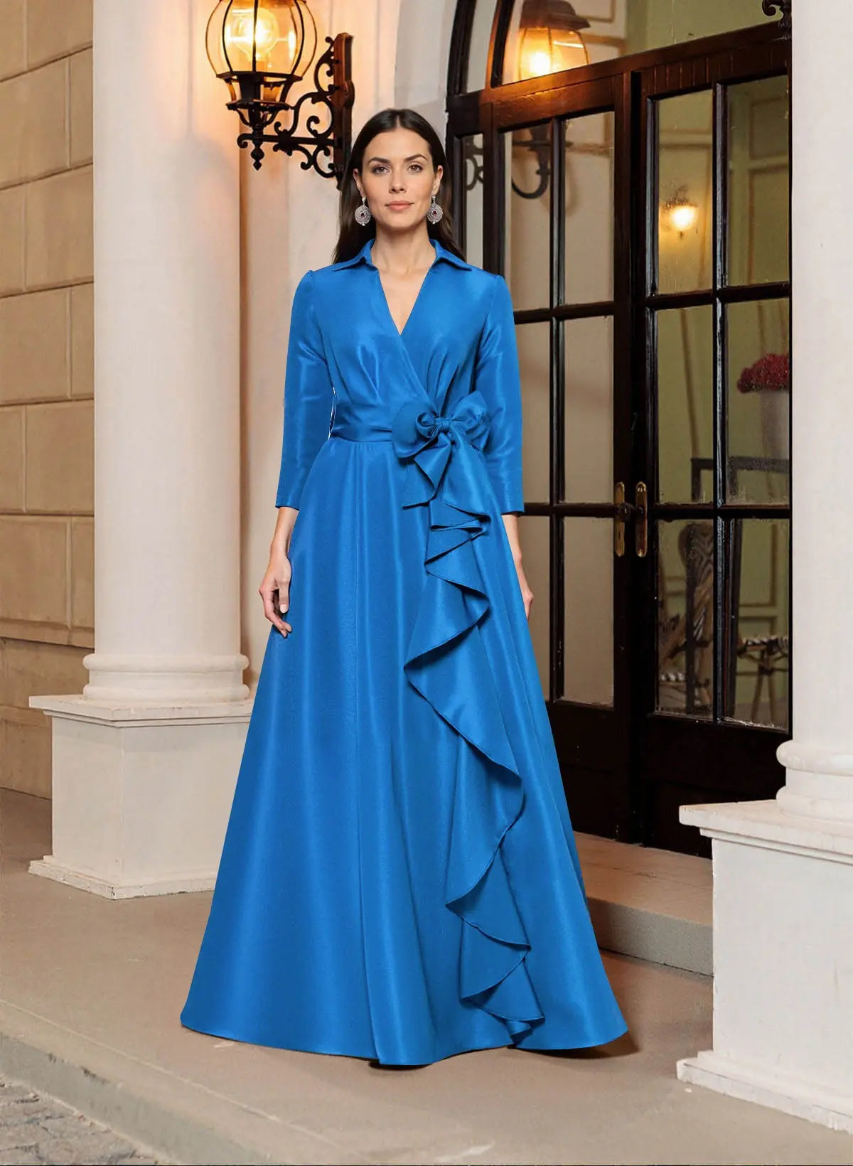 Vibrant Cobalt Blue Shirt-Style Satin Evening Gown with Waist Bow and Ruffle Detail