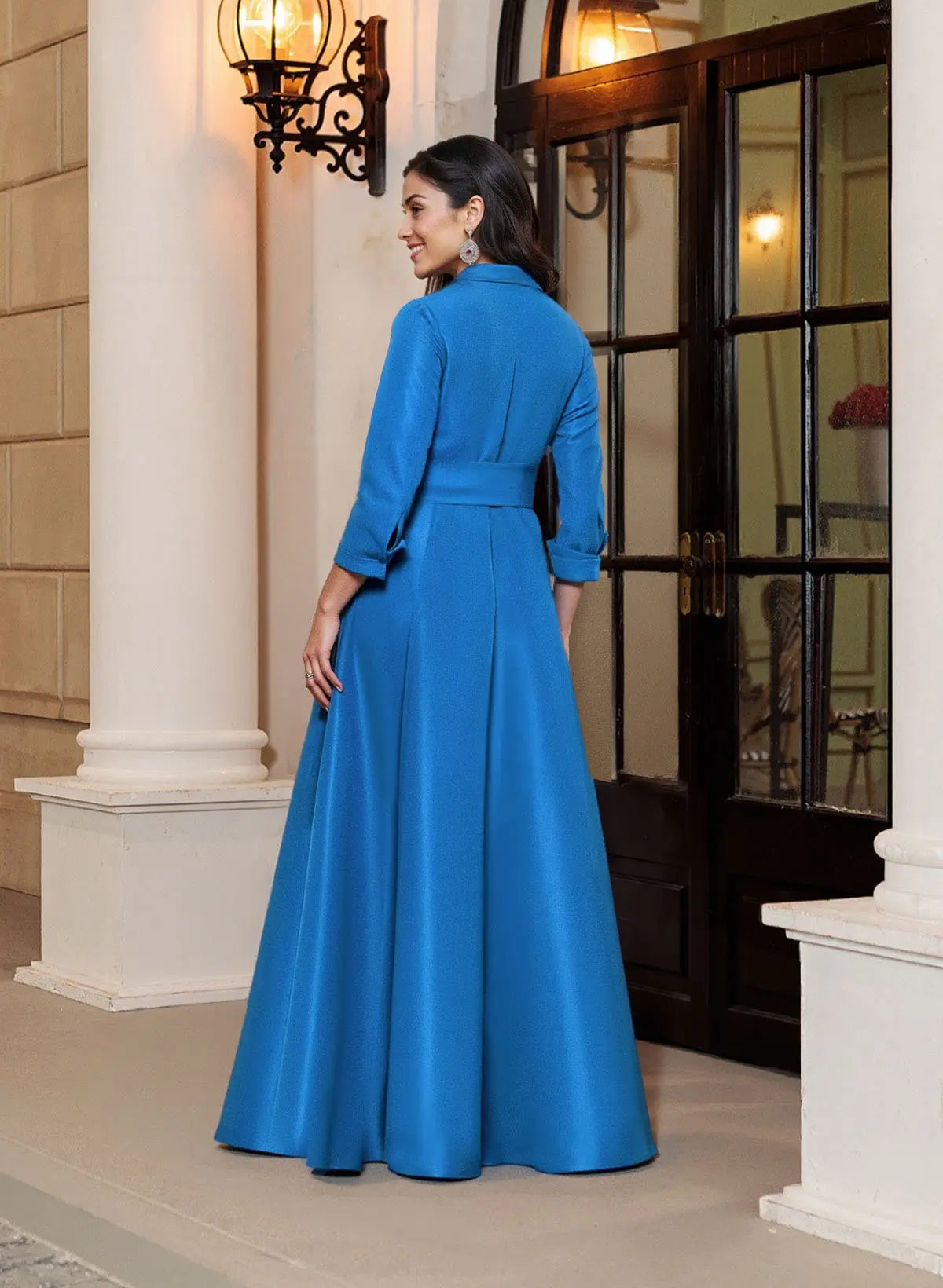 Vibrant Cobalt Blue Shirt-Style Satin Evening Gown with Waist Bow and Ruffle Detail